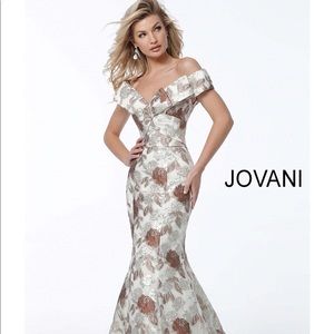 Champagne Print Off the Shoulder Evening Gown